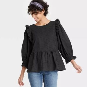 NWT Universal Thread Women’s Black Long Balloon Sleeve Puff Sleeve Ruffle Blouse
